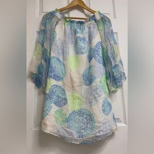 Lilly Pulitzer White Off-Shoulder Mini Dress with Blue and Lime Medallion Print